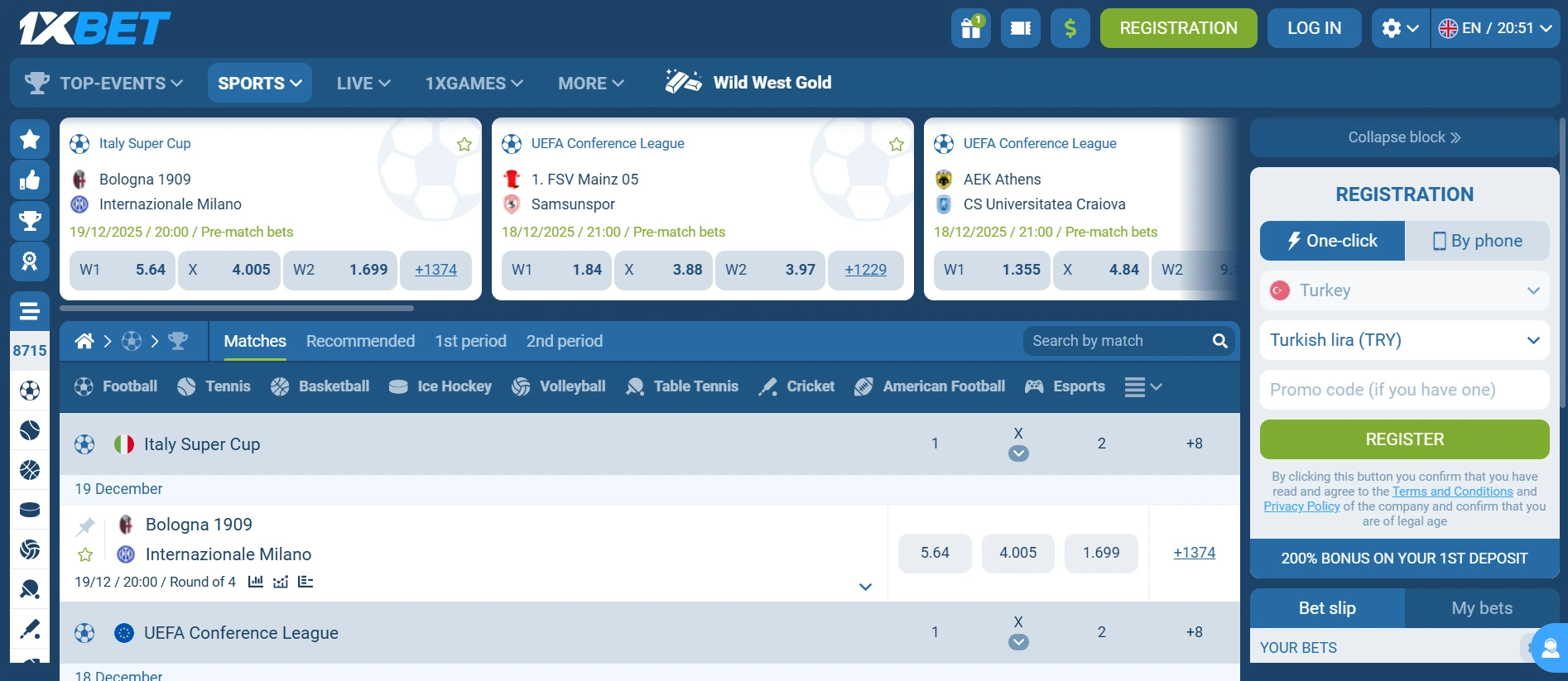 1xBet line page