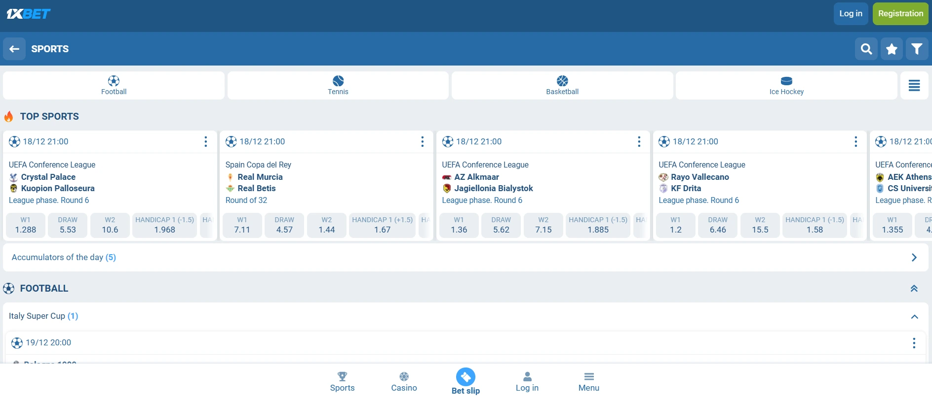 1xBet sports betting page