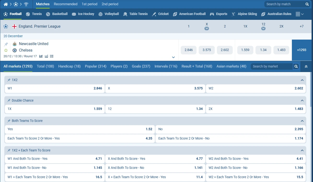 An image of some outcomes to bet on, the market, and the match filter