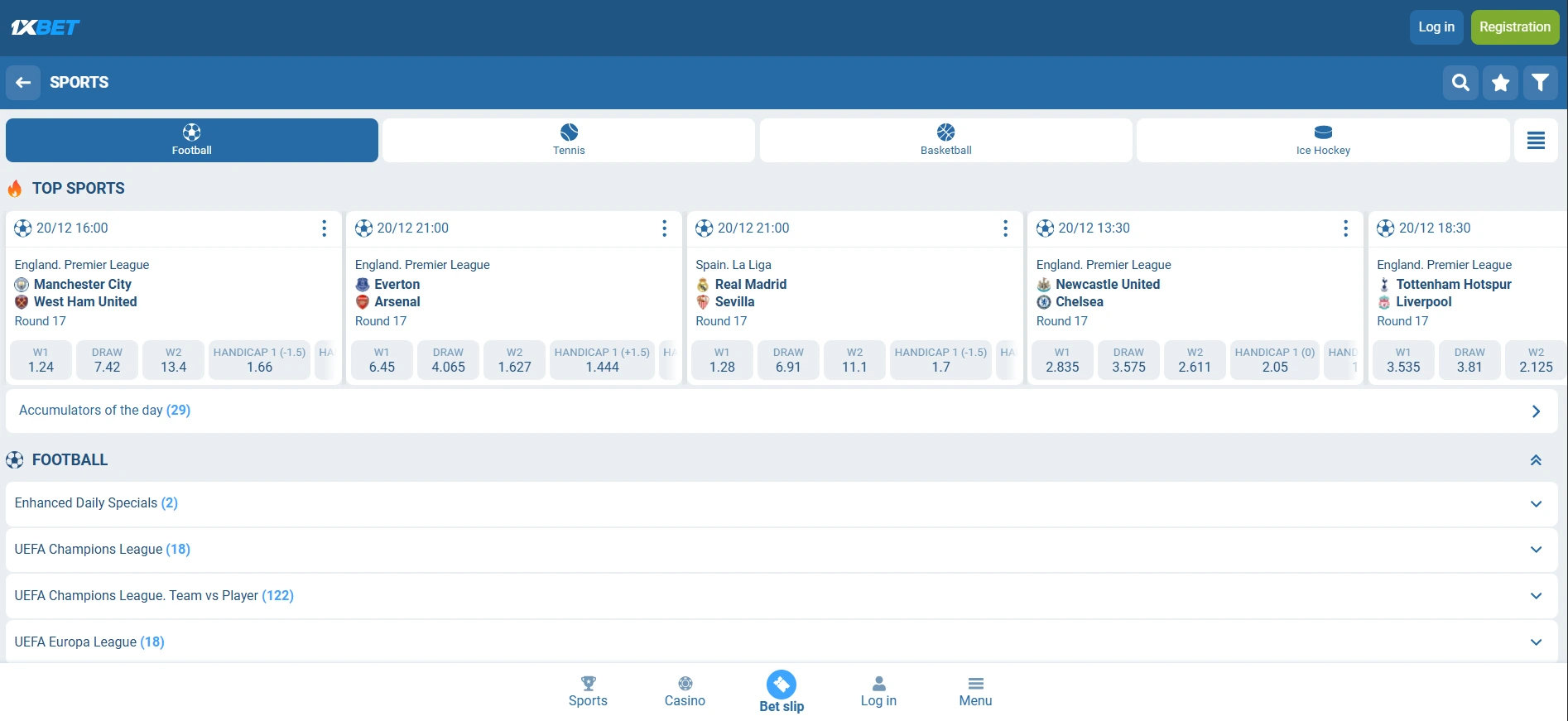An image of the mobile version of the football betting line page